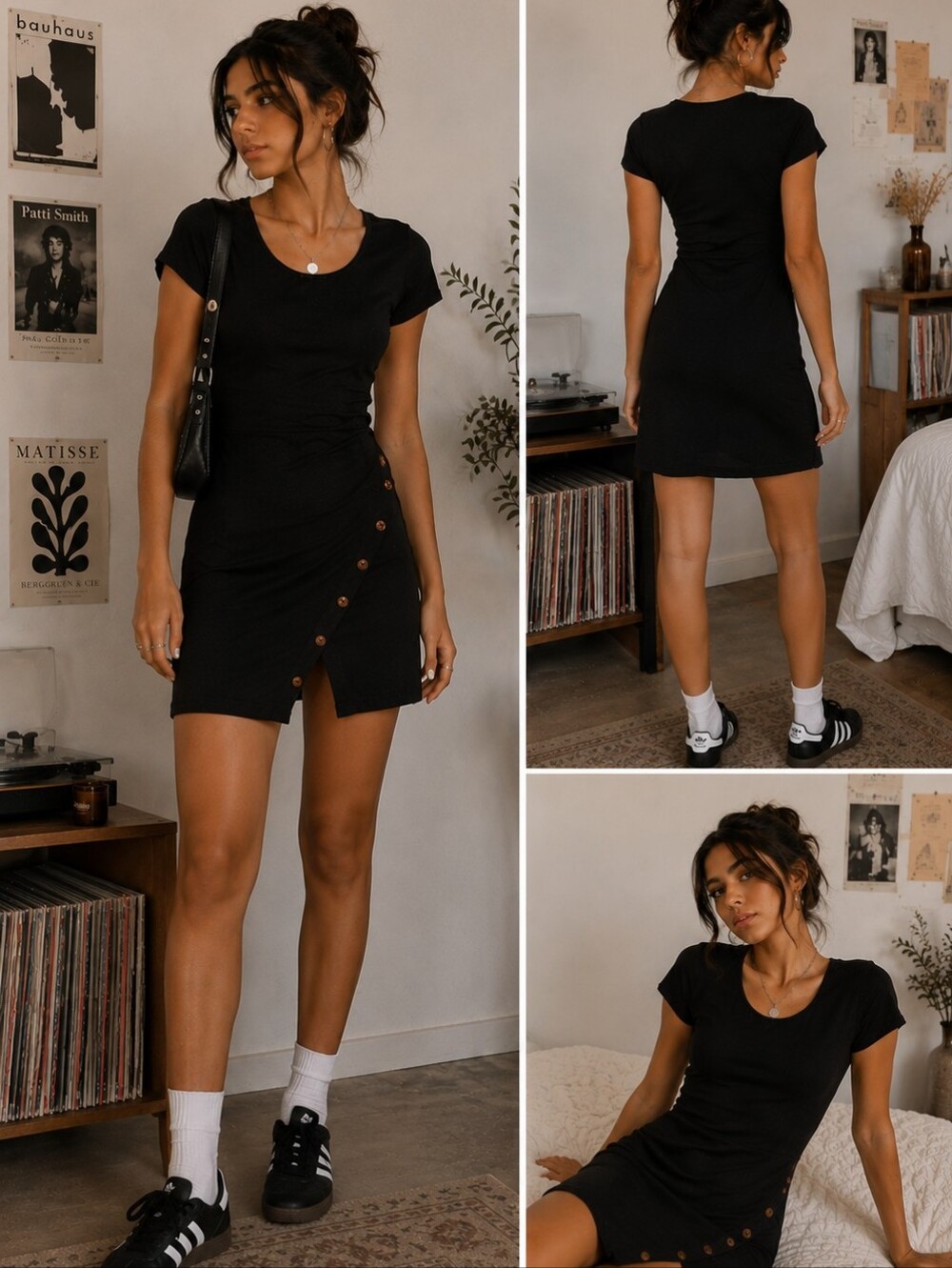 Ribbed Black Button Detail Size M Mini Dress Popular 21